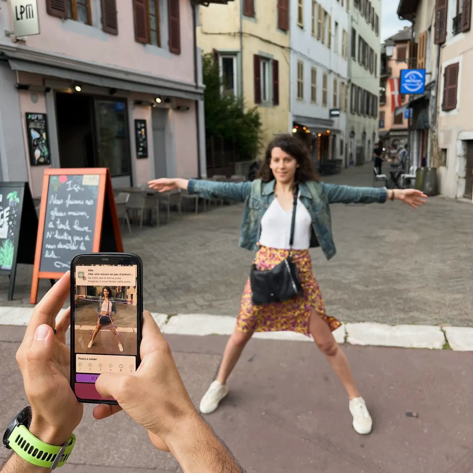 Téléphone prenant en photo en femme tenant la pose