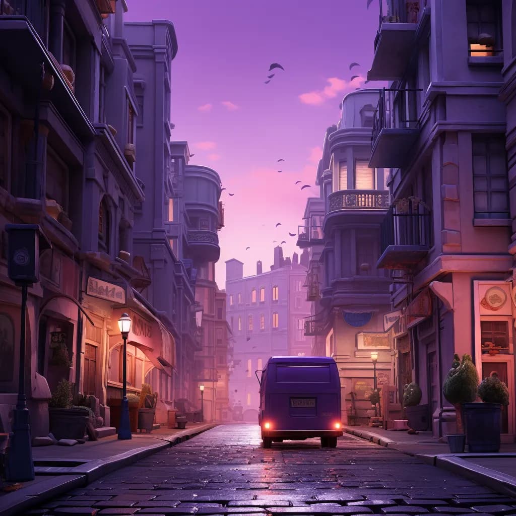 Camion violet s’éloignant dans une ruelle