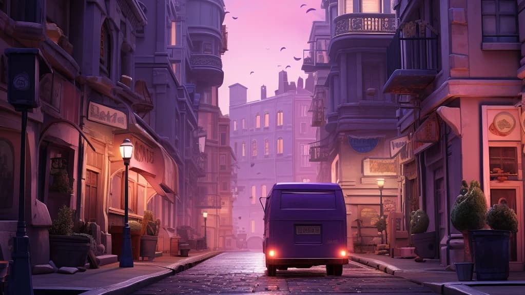 Camion violet s’éloignant dans une ruelle